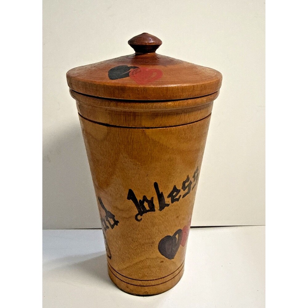 Wooden Turned Canister Container With Lid God Bless Hand Painted 8 Inches Tall